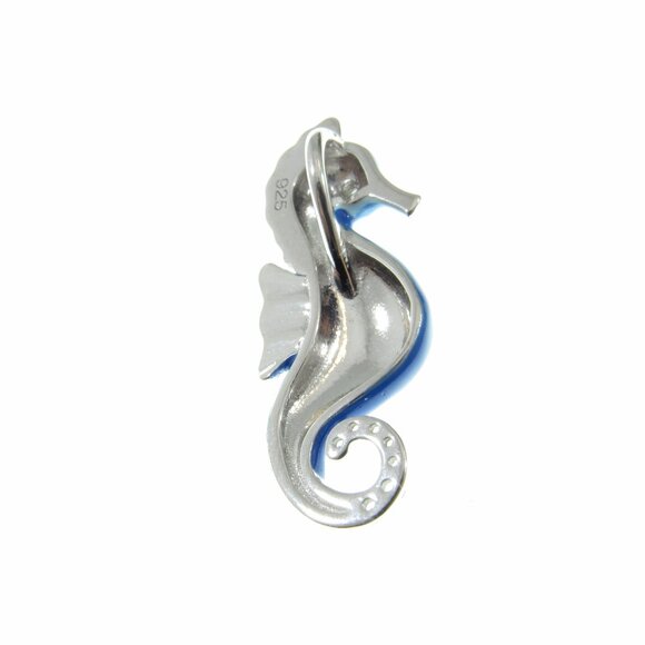 Solid 925 Sterling Silver & Blue and White Enamel Seahorse Slide Pendant - Picture 8 of 8